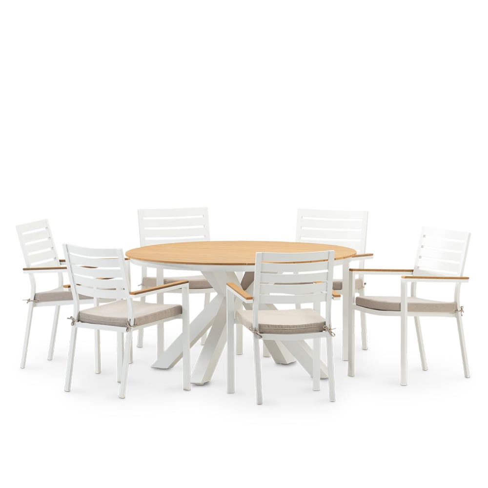 Ensemble de table ronde blanche et 6 chaises avec coussin