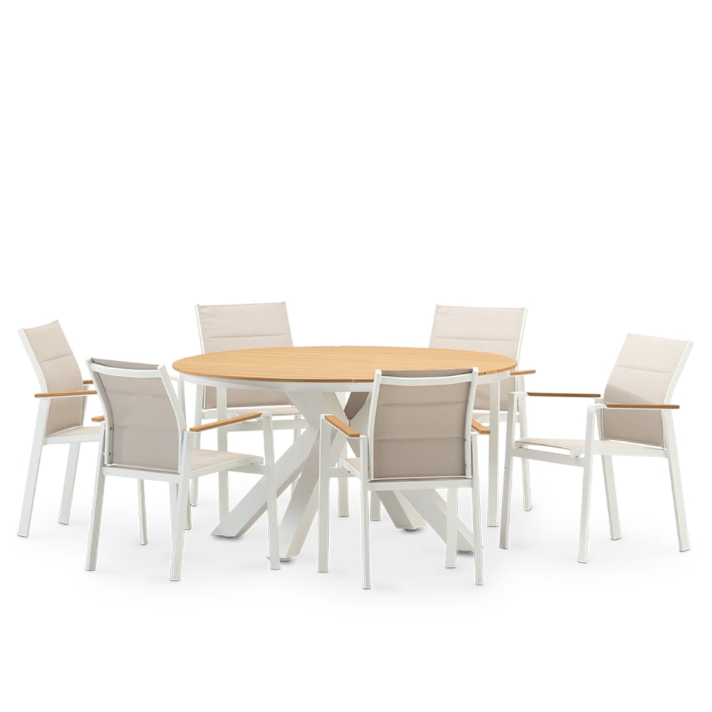 Table ronde blanche et 6 chaises textiles