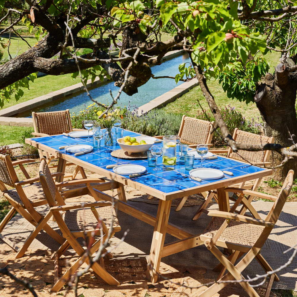 Conjunto mesa cerámica azul 205x105 y 8 sillas - Maisons du Monde