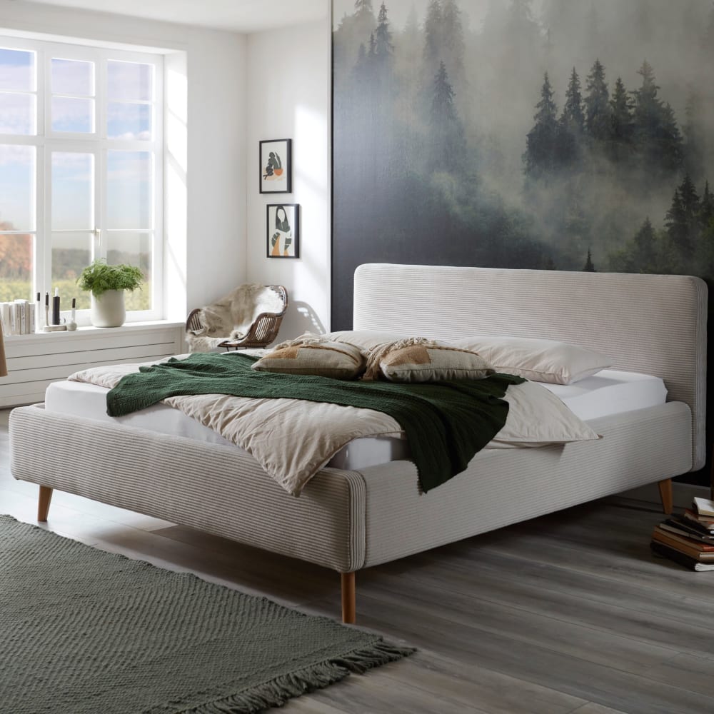 Lit rembourré en velours avec tête de lit lisse beige 180x200