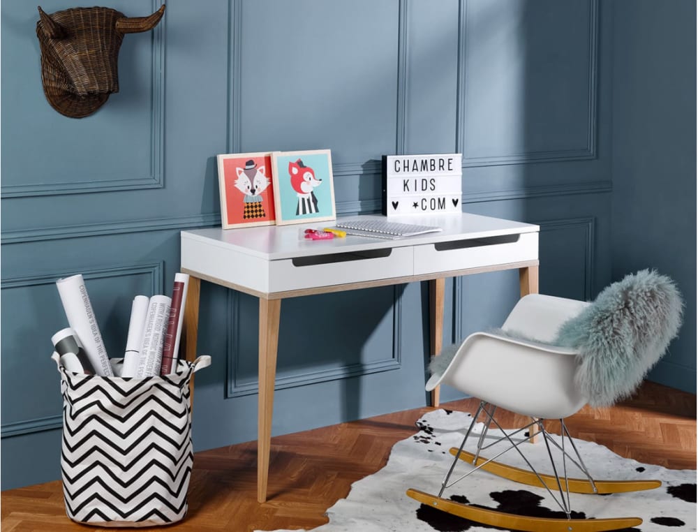 Bureau 2 tiroirs Blanc et Bois - Maisons du Monde