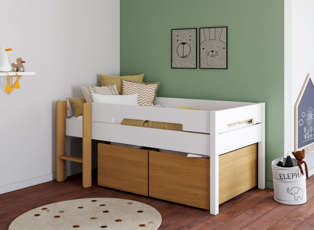 Lit mi-hauteur avec rangement Blanc et Bois - Maisons du Monde