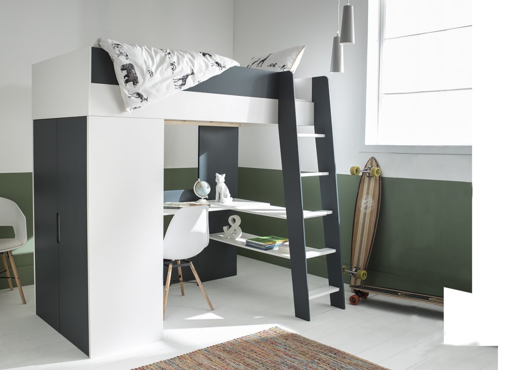 Lit mezzanine avec bureau et armoire Blanc Et Bleu