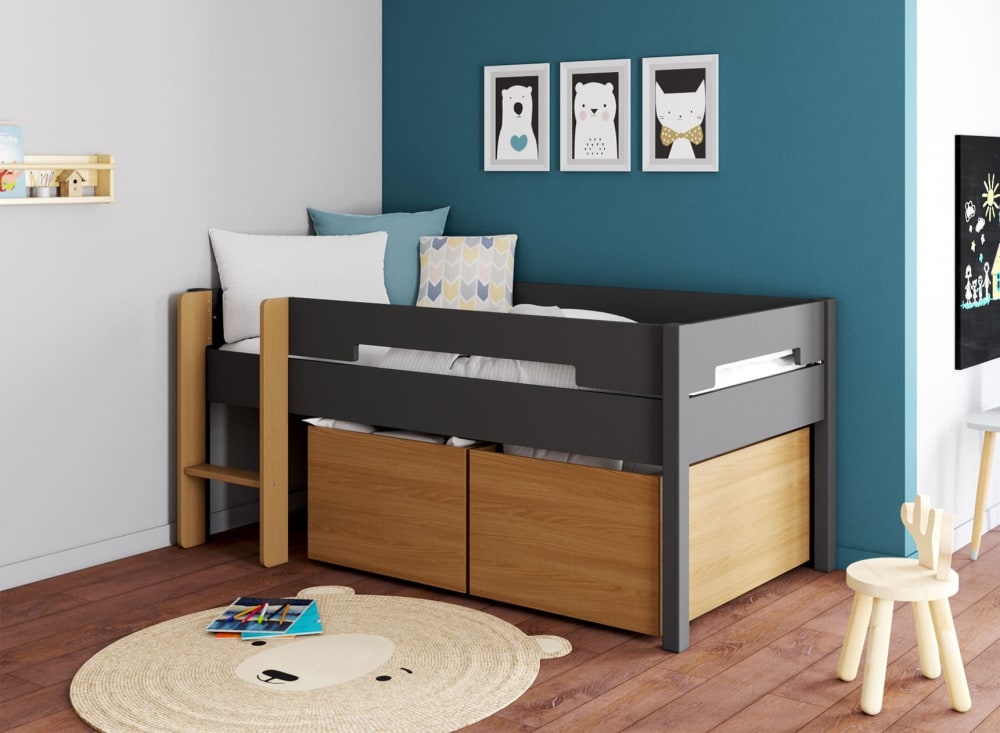 Lit mi-hauteur avec rangement Ardoise et Bois