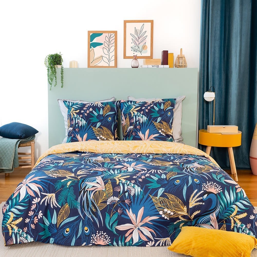 Côté Déco Parure de couette 100% coton 57 fils imprimée 260x240 2 taies Bleu