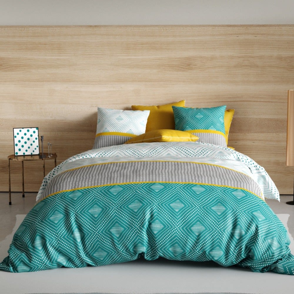 Atelier du coton Parure de couette 100% coton 57 fils imprimée 240x220cm 2 taies style classique chic Vert