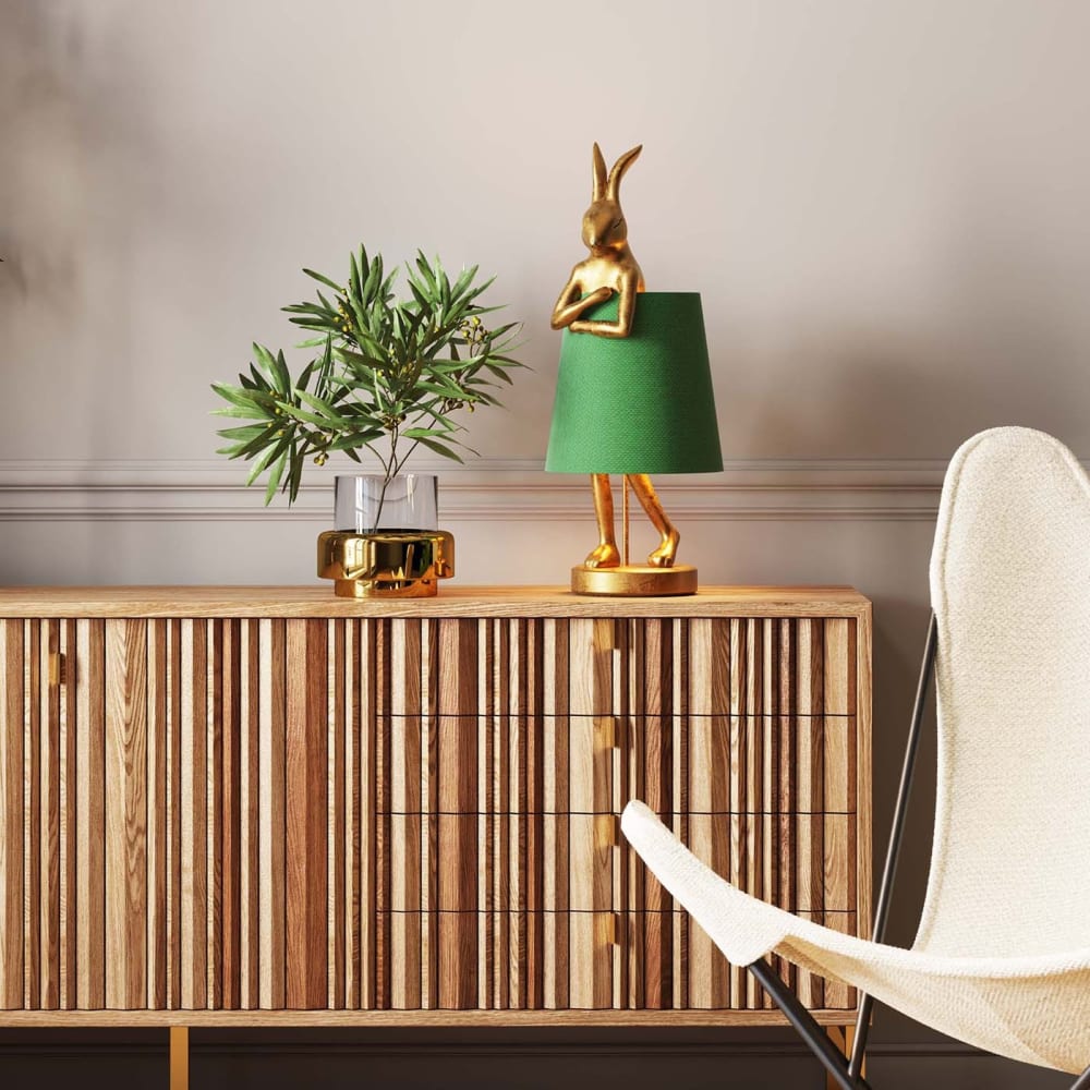 Tischleuchte Hase mit Leinen-Schirm, gold und grün, H68cm -