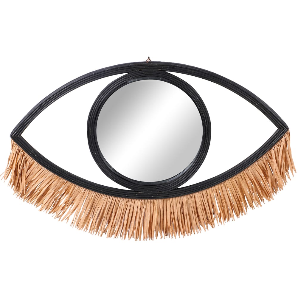 Miroir mural oeil en rotin noir et raphia 40x31cm