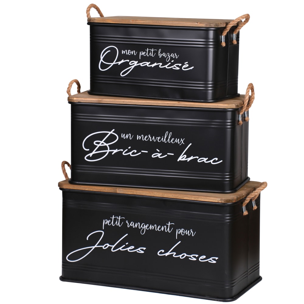 Natural Living Set de 3 malles en métal et bois 68x35x35cm Noir