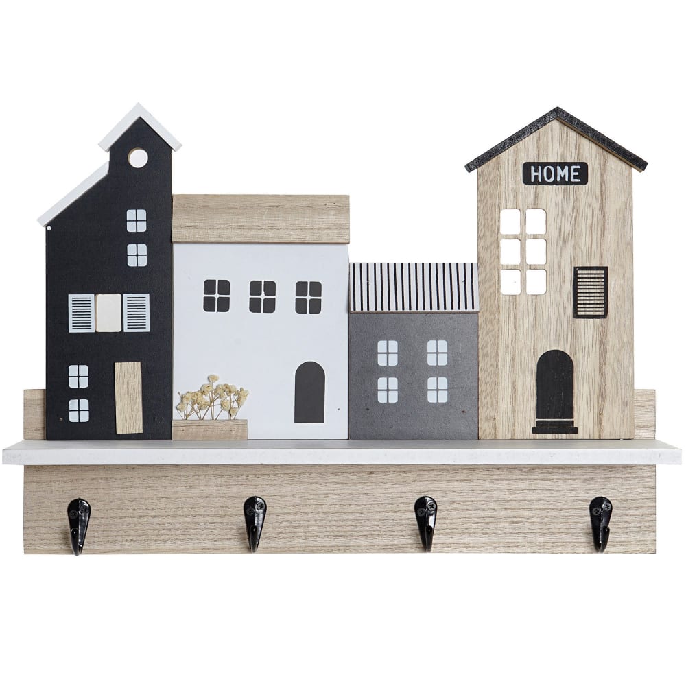 Portemanteau mural bois maisons avec 1 étagère