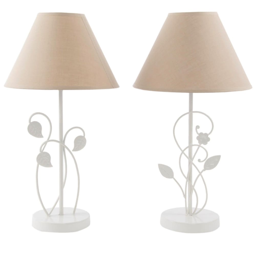 Set de 2 lampes à poser en métal blanc et abat-jours beige feuillage