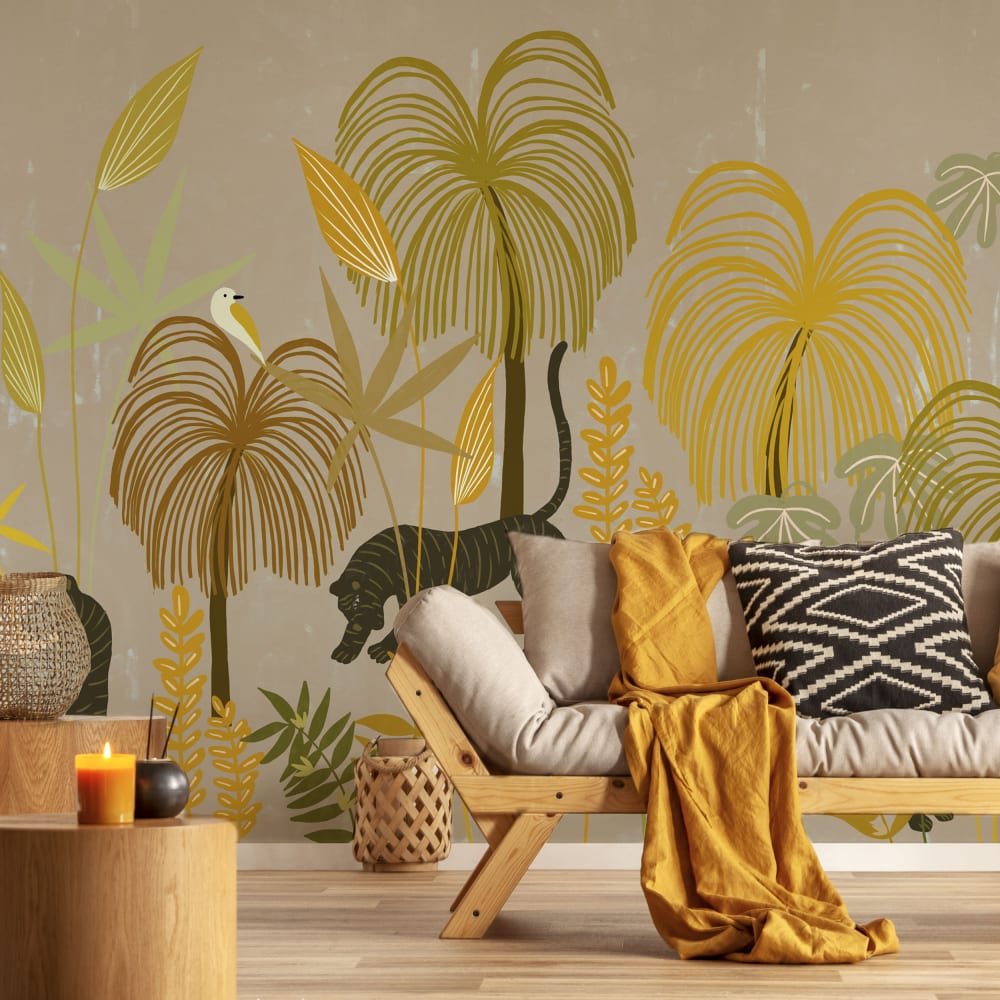 Papel pintado panoramico selva tropical con tigres color, am