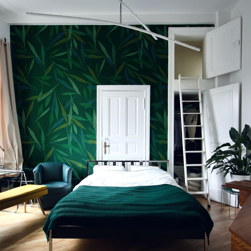 Papel pintado panoramico huellas de plantas, verde 300 x 250