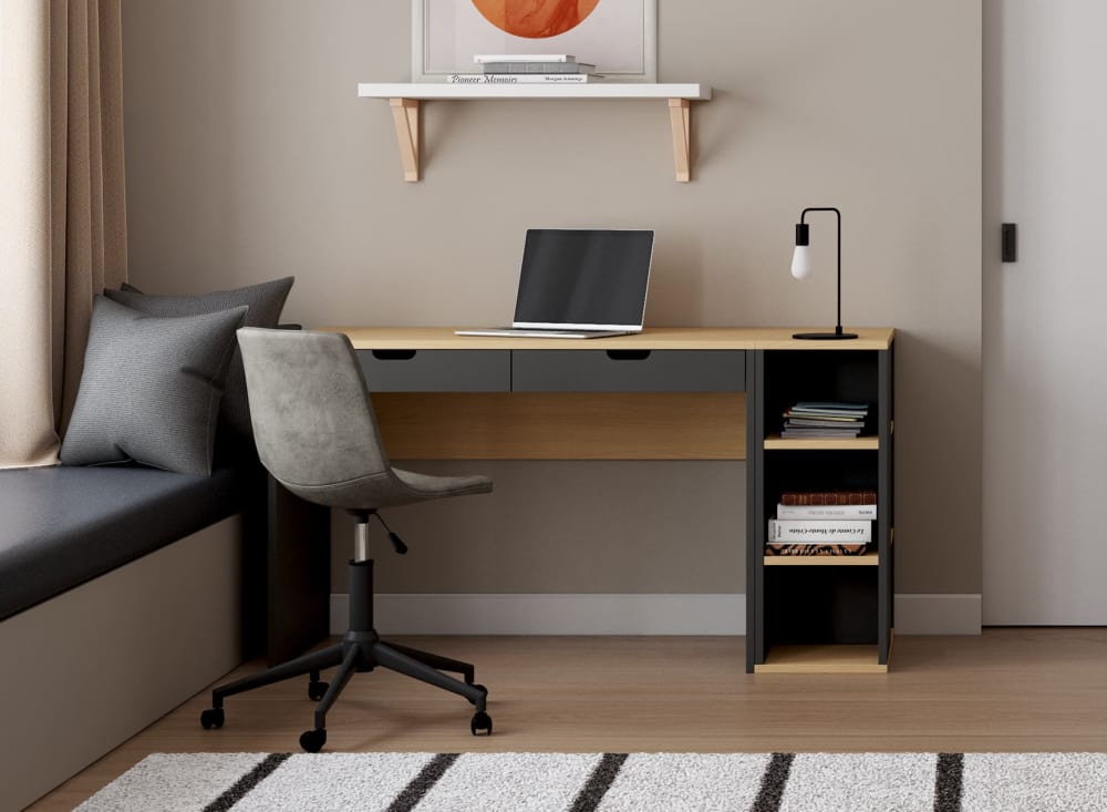 Bureau avec 2 tiroirs et caisson Ardoise et Chêne - Maisons du Monde