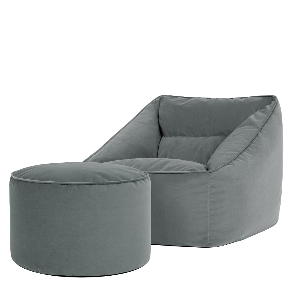 Pouf fauteuil avec repose-pied rond velours gris anthracite