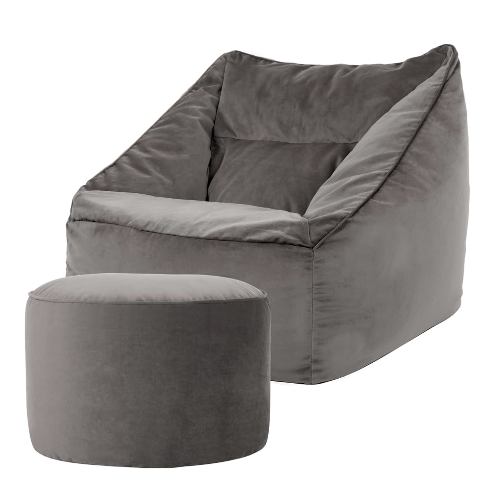 Puf sillón con reposapiés redondo terciopelo gris antracita