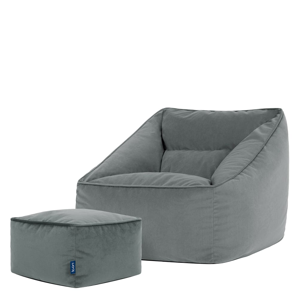 Pouf poire fauteuil avec repose-pied carré velours gris anthracite