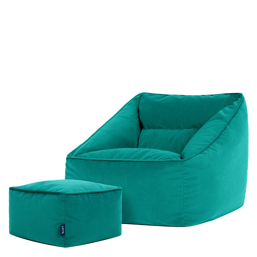 Pouf poire fauteuil avec repose-pied carré velours bleu canard