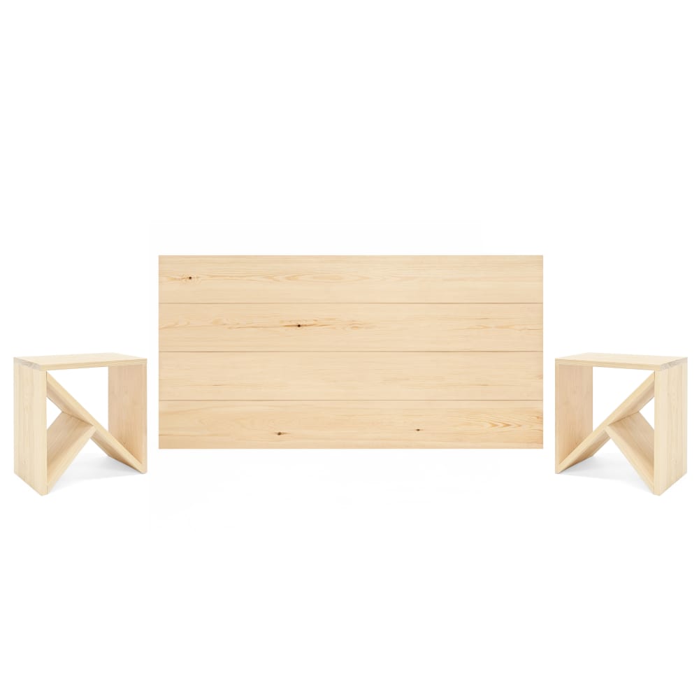Ensemble tête de lit + 2 tables en bois ton naturel 180x80cm