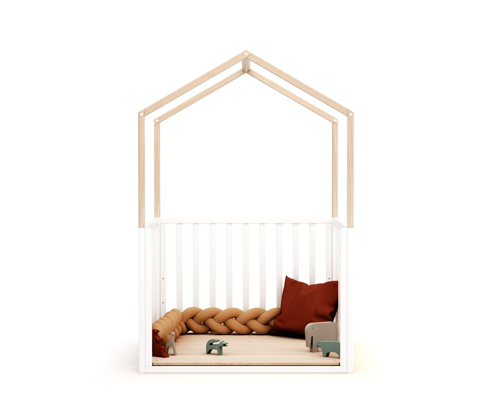 Parc bébé évolutif cabane en bois Blanc et Hêtre Verni 100 x 100 cm
