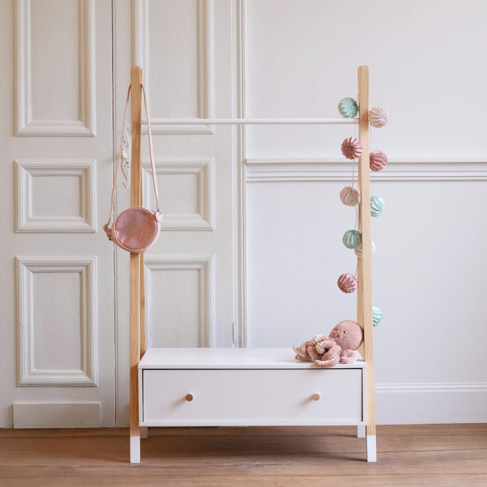 Penderie pour enfant en bois de pin avec tiroir blanc (Happy Garden) - Image 1