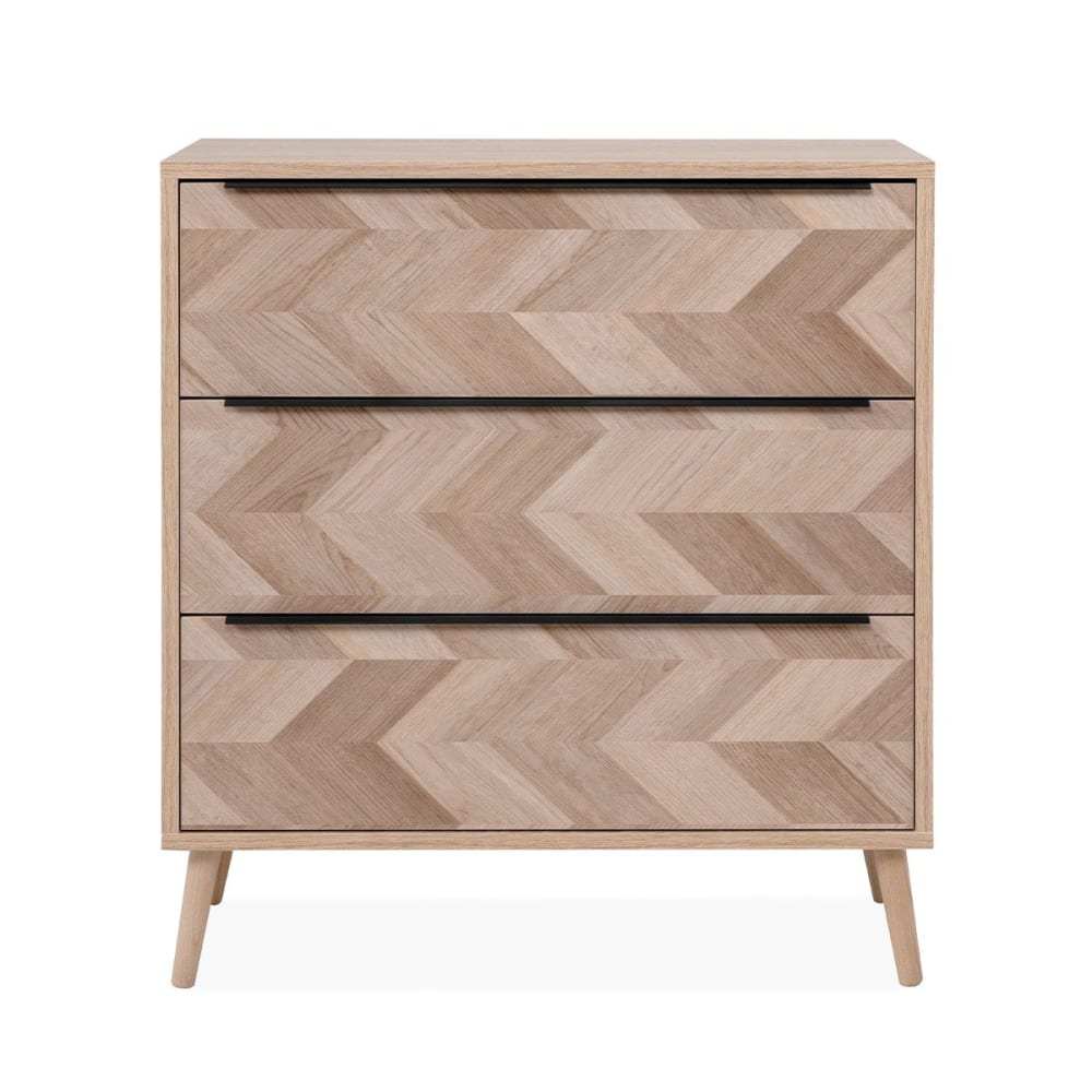 Calicosy Commode 3 tiroirs effet bois et chevron - l80 x h87 cm style contemporain Beige Panneau De Particules - 80x87x39cm