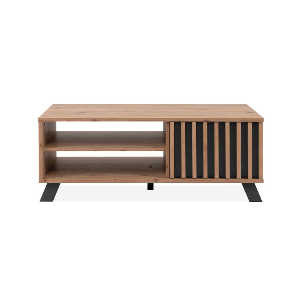 Table basse 1 porte et 2 niches effet bois - L111 x H42 cm