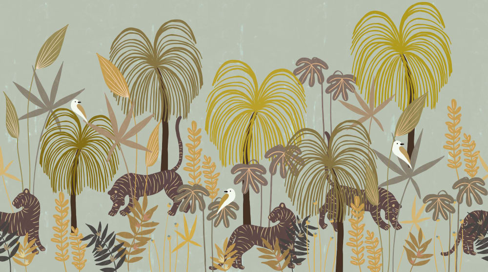 Papel pintado panoramico selva tropical con tigres color, ve - Maisons du Monde
