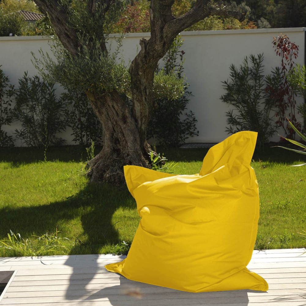 Pouf XXL intérieur extérieur déhoussable en tissu jaune 140x180cm