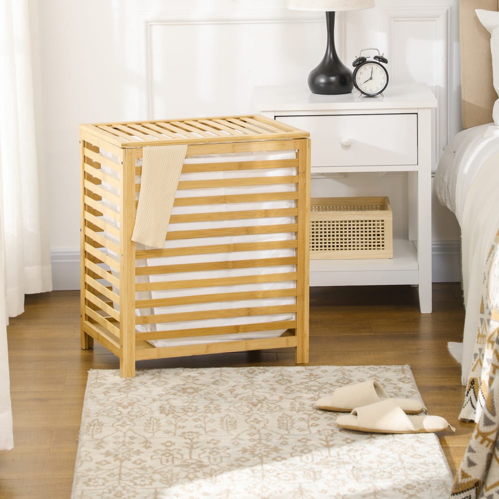 Panier à linge - sac en tissu amovible, couvercle - bois bambou verni