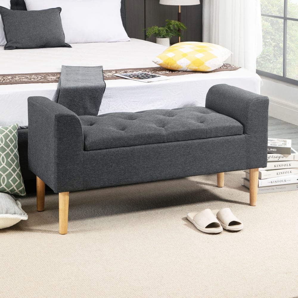 Banquette coffre rangement 2 en 1 style Chesterfield aspect lin gris