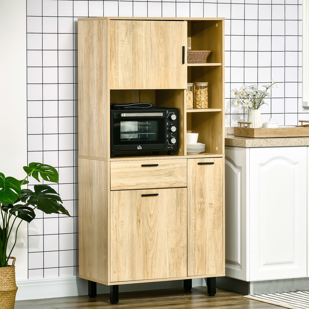 Buffet haut 3 portes, 4 niches, tiroir - métal noir aspect bois clair - Maisons du Monde