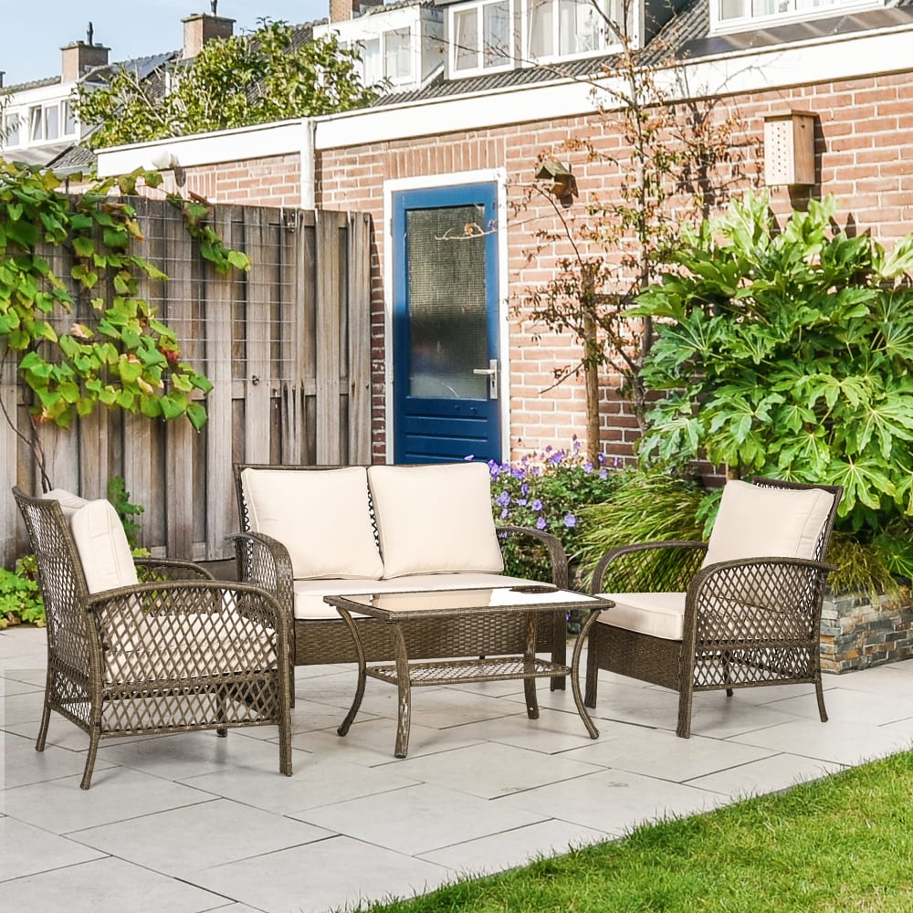 Salon de jardin 4 places 4 pièces style colonial beige résine marron