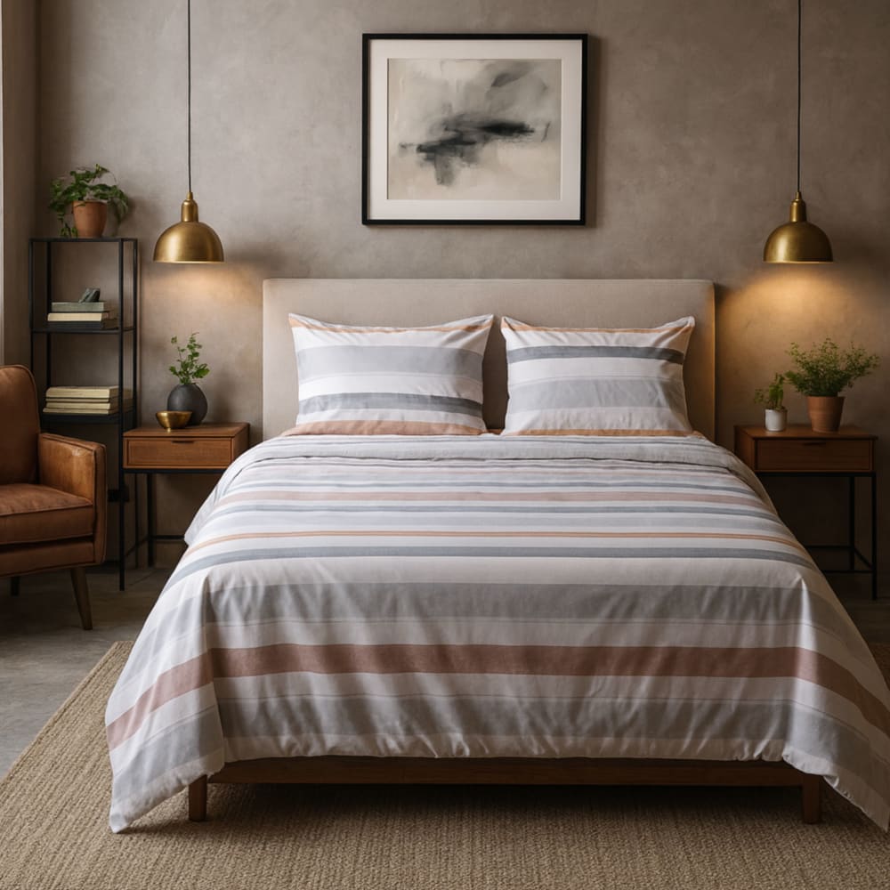 Funda nórdica 3 piezas algodón 100% rayas naranja - cama 150 cm - Maisons du Monde