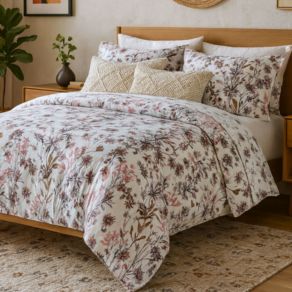Funda nórdica 2 piezas algodón 100% flores violeta cama 90 cm
