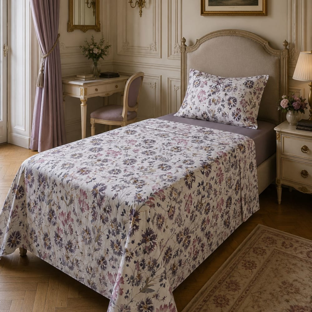 Juego de sábanas algodón 100% 3 piezas flores violetas - cama 90 cm