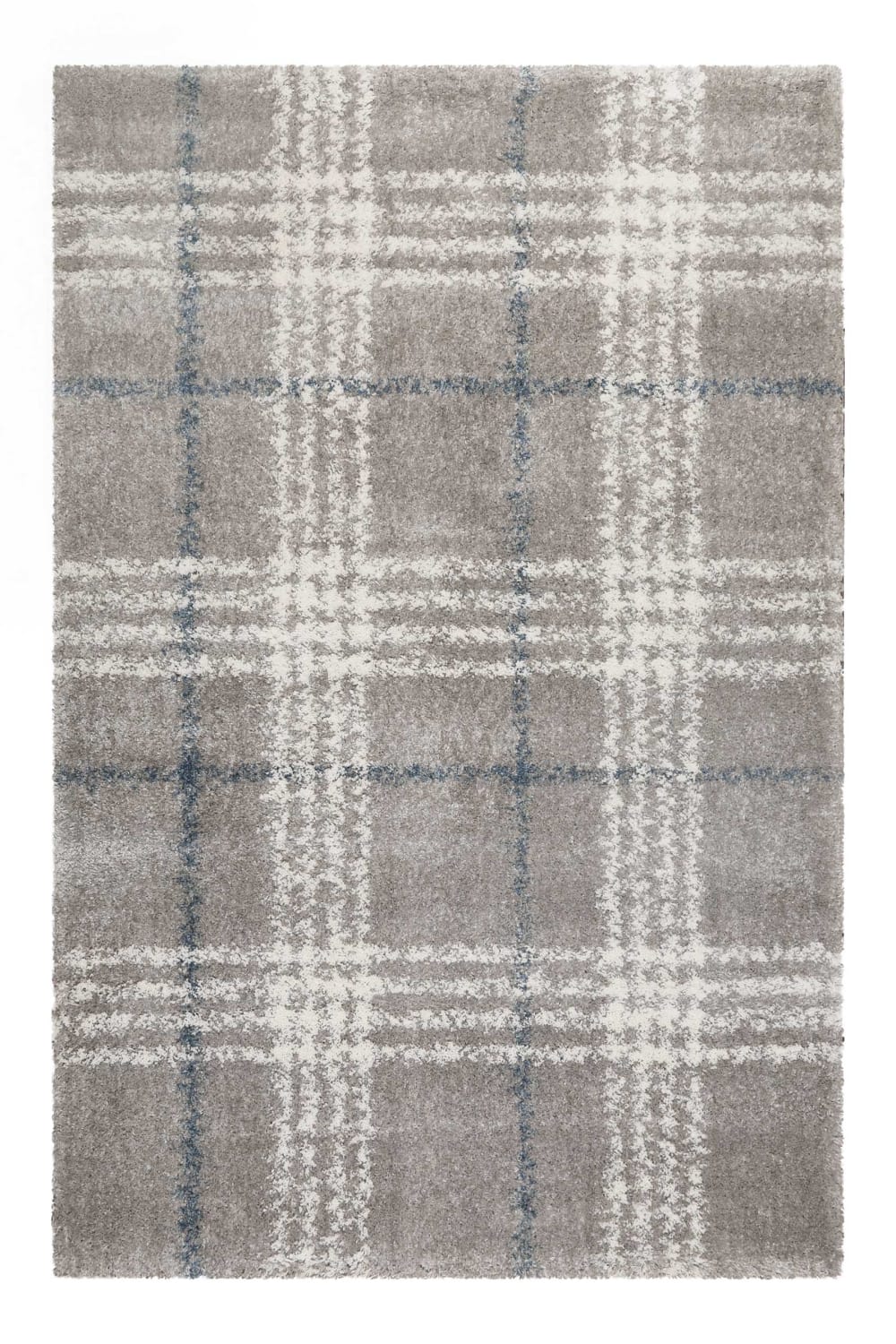 Tapis à poils longs tartan gris, ivoire et bleu 120x170