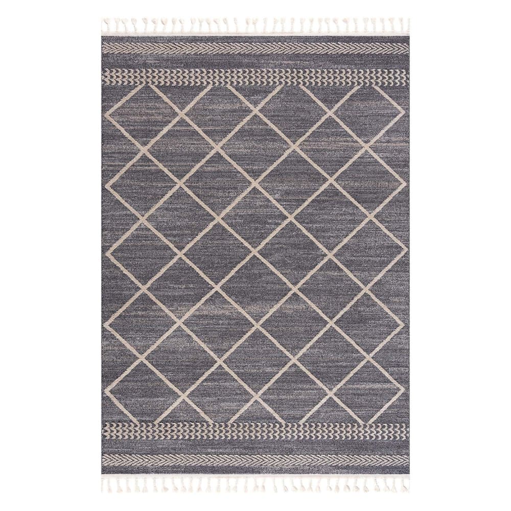 Tapis géométrique à franges tressées gris et crème 120x170cm