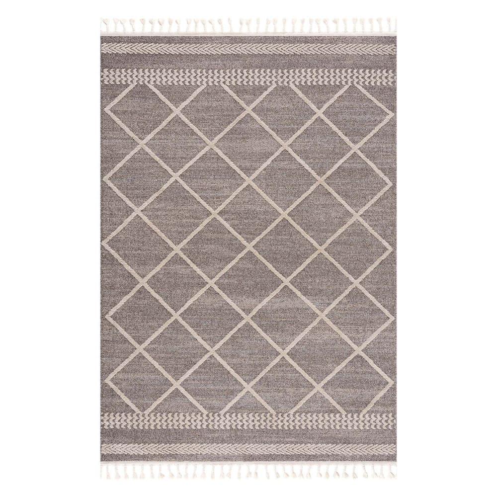 Tapis géométrique à franges tressées mocca et crème 120x170cm