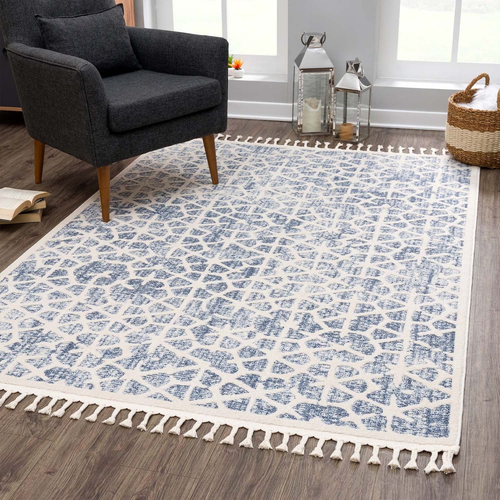 Tapis scandinave à franges tressées bleu et crème 200x290cm