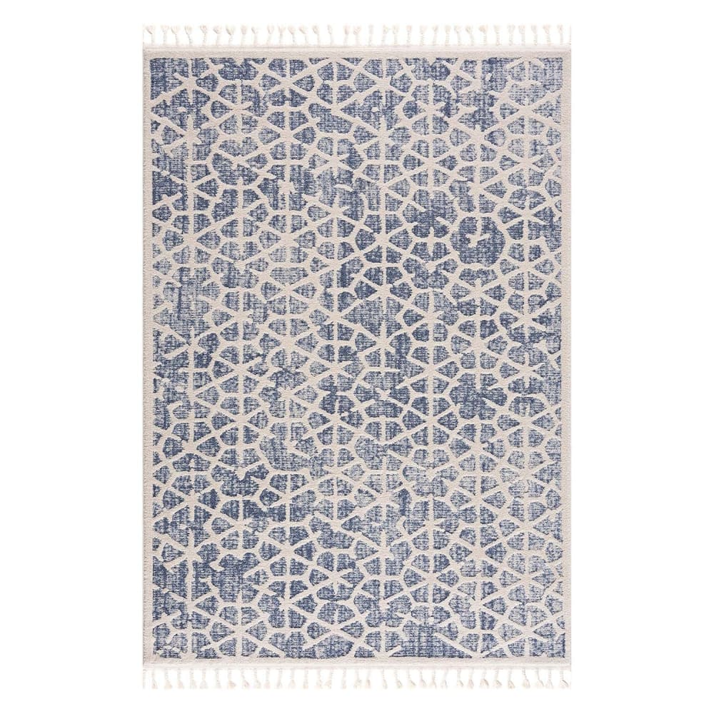 Tapis scandinave à franges tressées bleu et crème 120x170cm