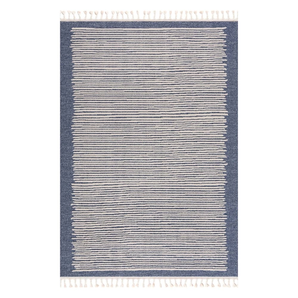 Tapis scandinave à franges tressées bleu et crème 120x170cm