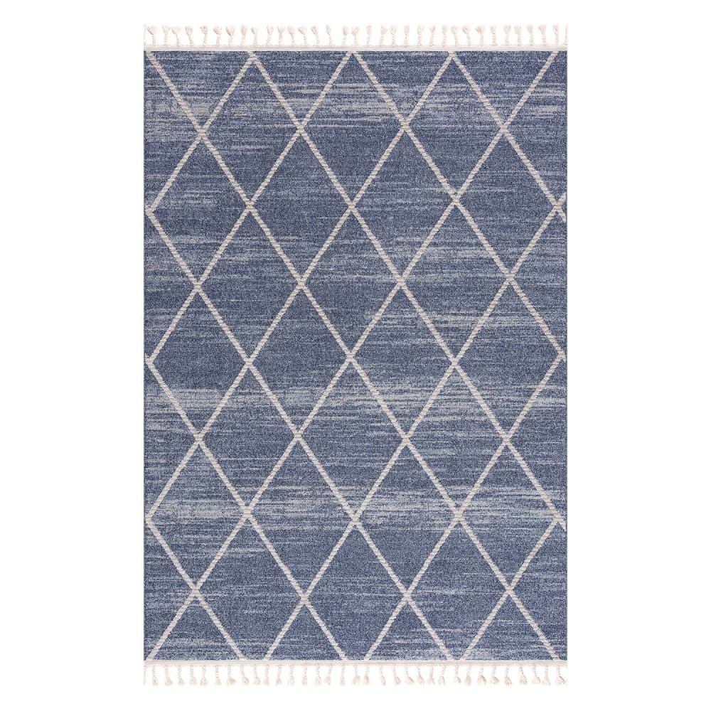 Tapis géométrique à franges tressées bleu et crème 120x170cm