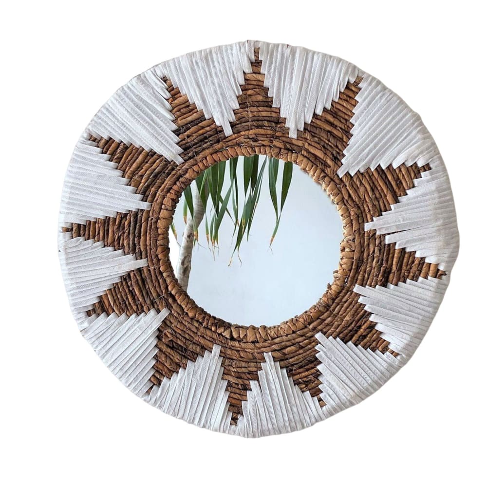 Miroir décoratif rond en coton blanc et fibre naturelle 50 cm