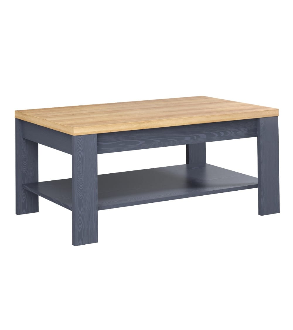 Mesa centro con revistero azul marino y roble riviera