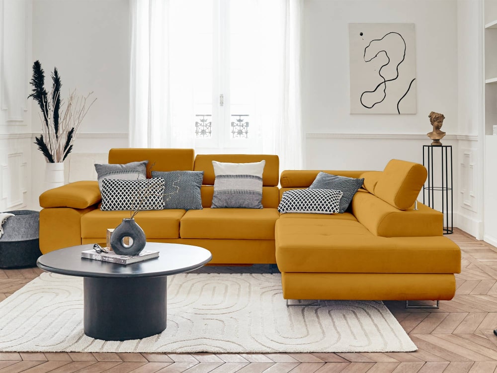 Canapé d'angle droit convertible 5 places en velours jaune