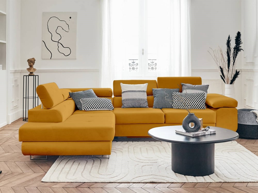 Canapé d'angle gauche convertible 5 places en velours jaune