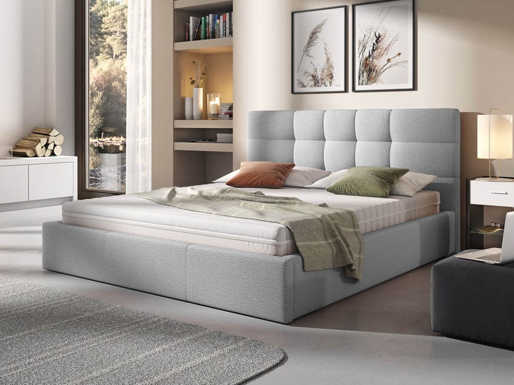 Lit coffre queen size 160x200 en tissu gris clair - Maisons du Monde