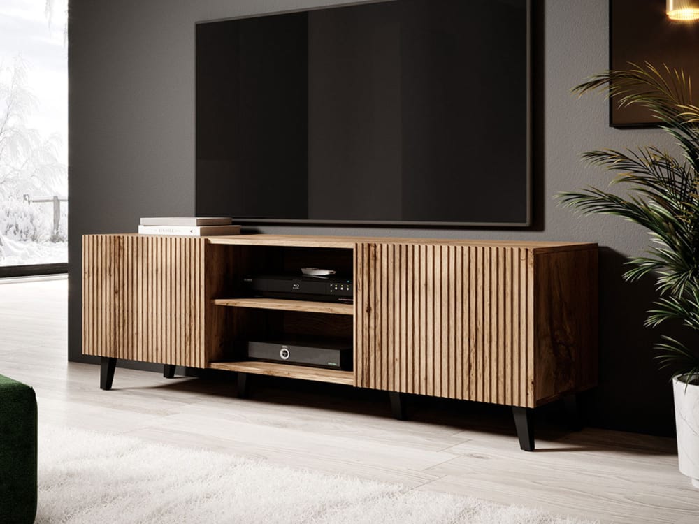 Meuble tv 2 portes 2 niches effet bois 150 cm - Maisons du Monde