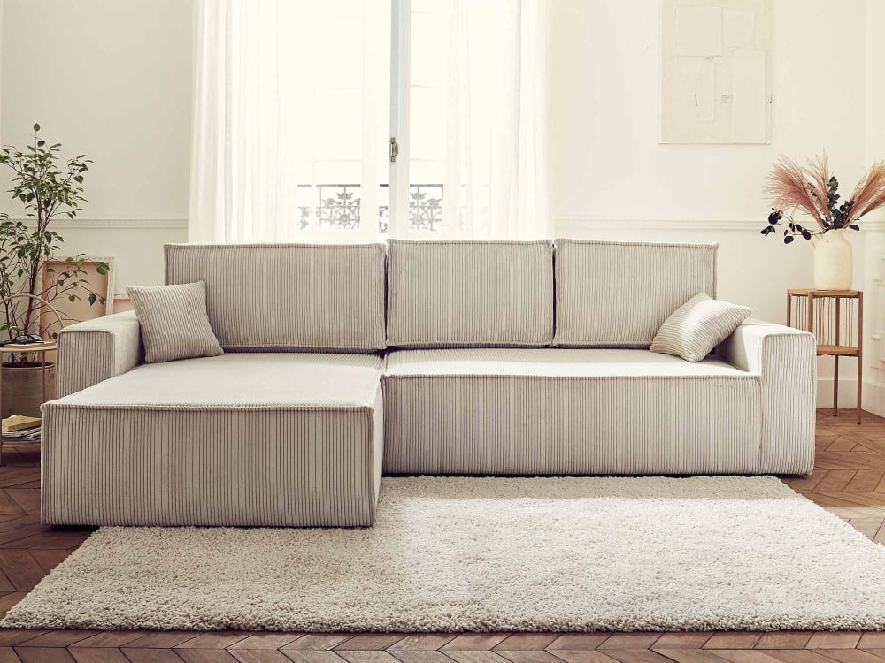 Canapé d'angle convertible 4 places coffre en velours côtelé beige - Maisons du Monde